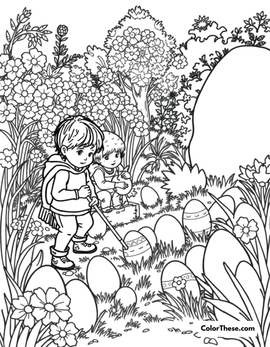 Free printable easter egg hunt coloring page for kids and adults - A children searching for easter eggs in a garden.