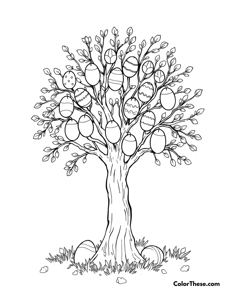 Free printable easter egg tree coloring page for kids and adults - A a tree decorated with colorful easter eggs.