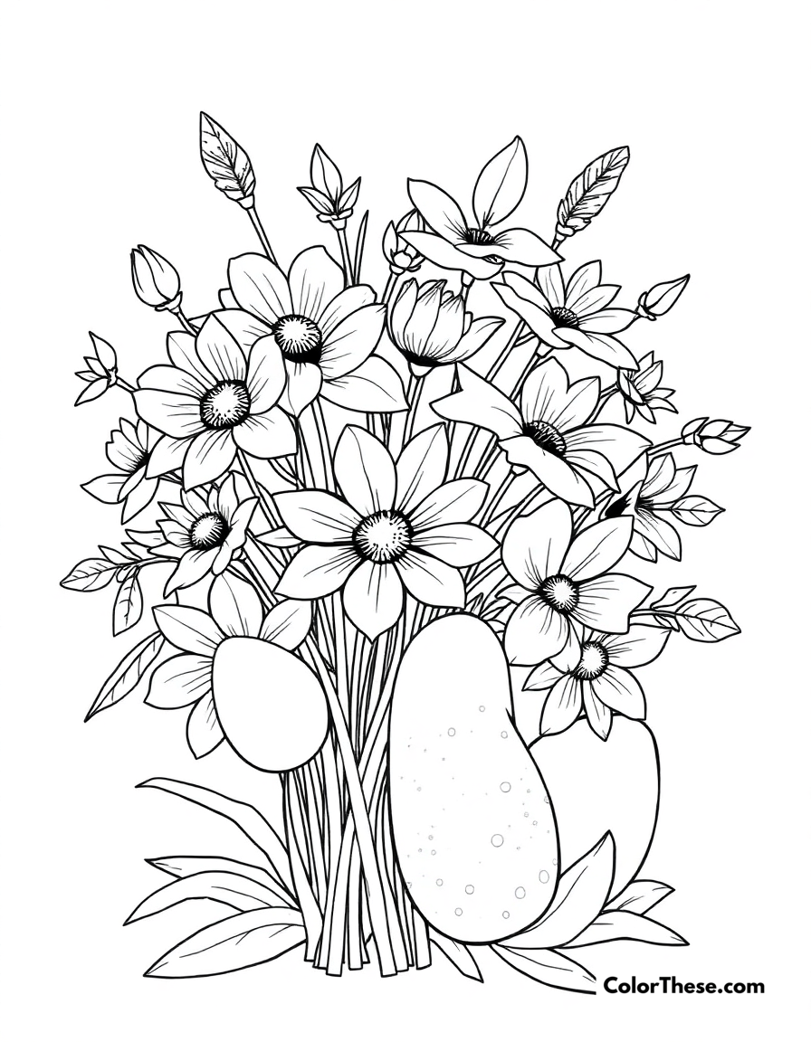 Free printable easter flowers coloring page for kids and adults - A a bouquet of spring flowers with easter eggs.