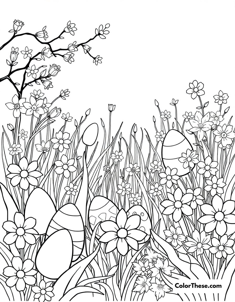 Free printable easter garden coloring page for kids and adults - A a beautiful garden filled with easter eggs and flowers.