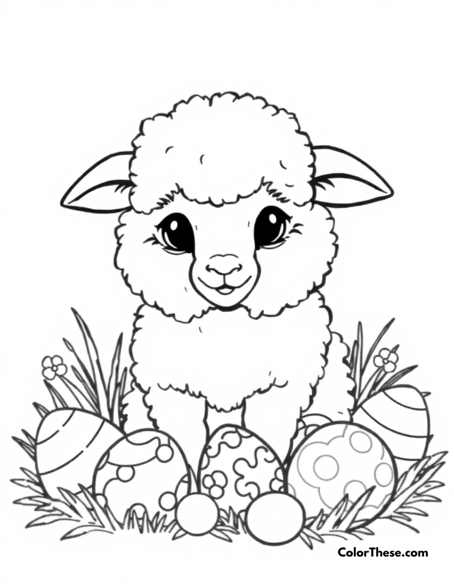 Free printable easter lamb coloring page for kids and adults - A a fluffy lamb surrounded by easter eggs.