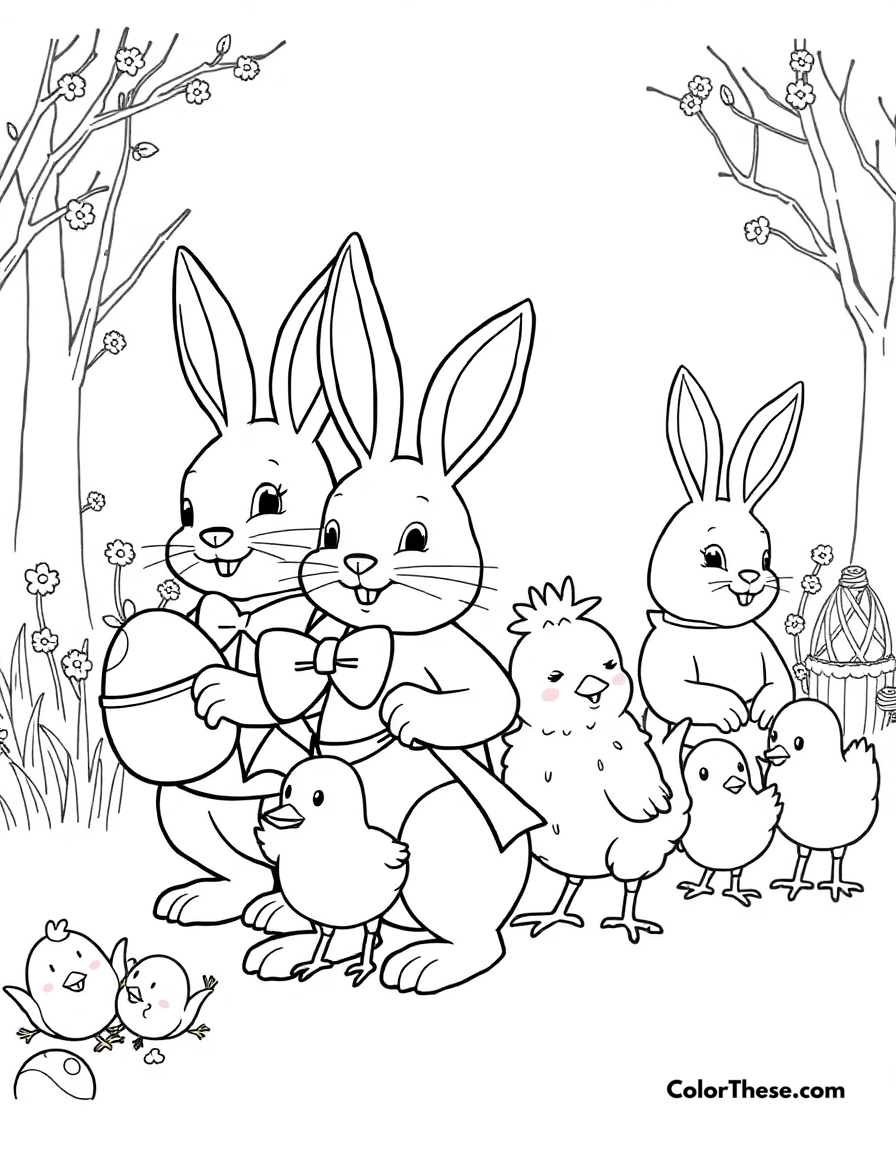 Free printable easter parade coloring page for kids and adults - A a festive parade with easter bunnies and chicks.