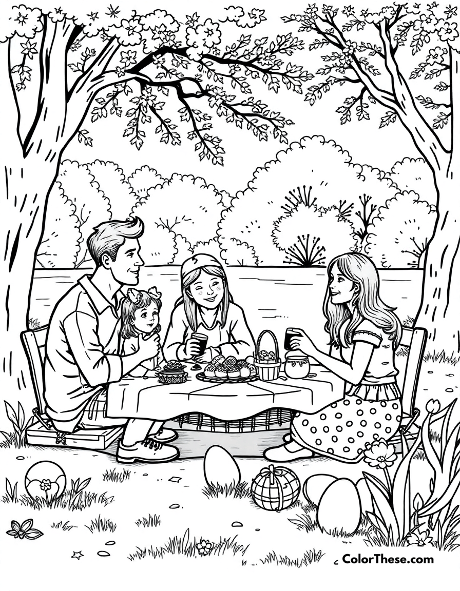 Free printable easter picnic coloring page for kids and adults - A a family enjoying an easter picnic in the park.