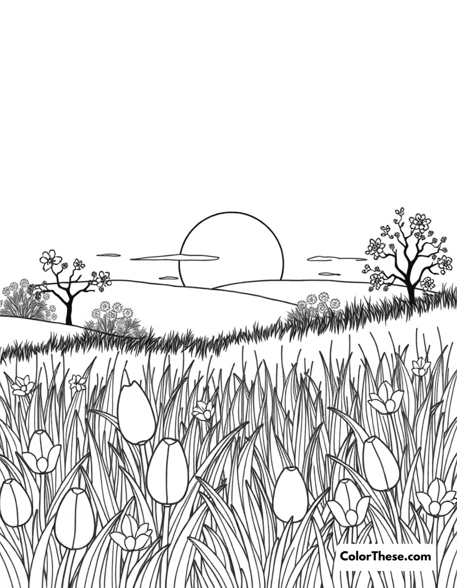 Free printable easter sunrise coloring page for kids and adults - A a beautiful sunrise over an easter meadow.