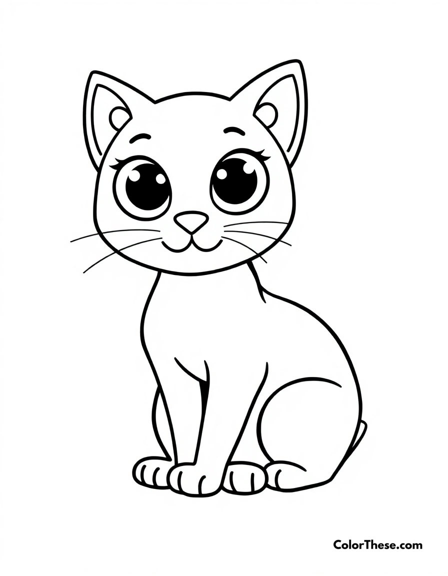 Free printable cute cat coloring page for kids and adults - A a simple cat design with big eyes and a playful pose.