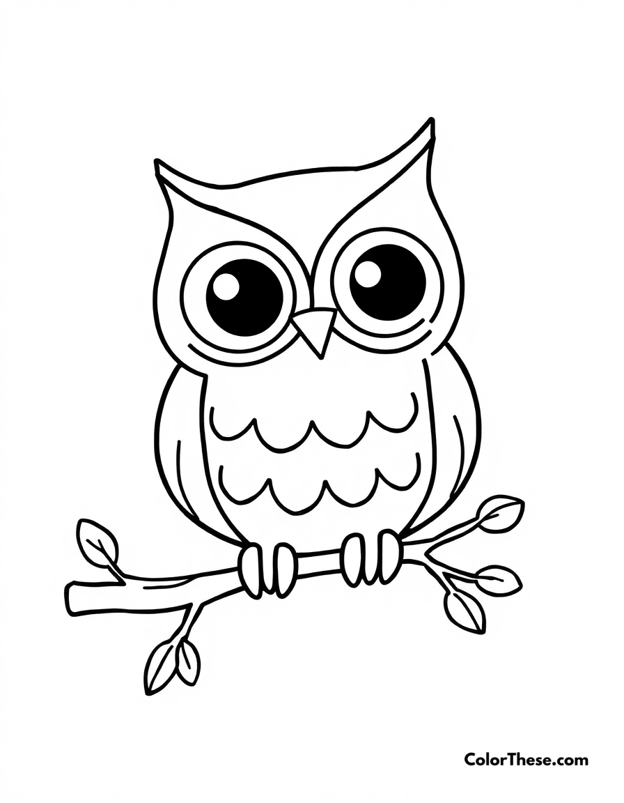 Free printable cute owl coloring page for kids and adults - A a simple owl design with big eyes and a branch.