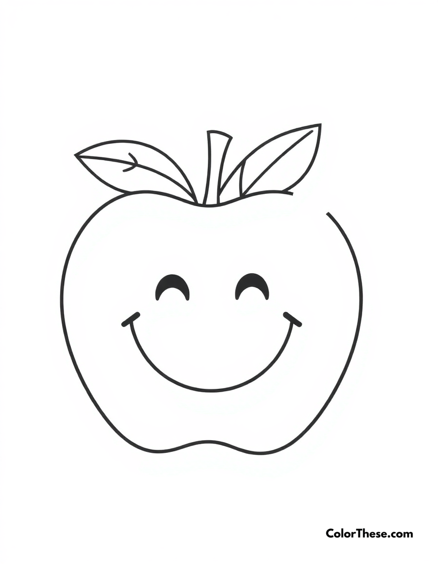 Free printable happy apple coloring page for kids and adults - A a simple apple design with a big smile and a leaf.