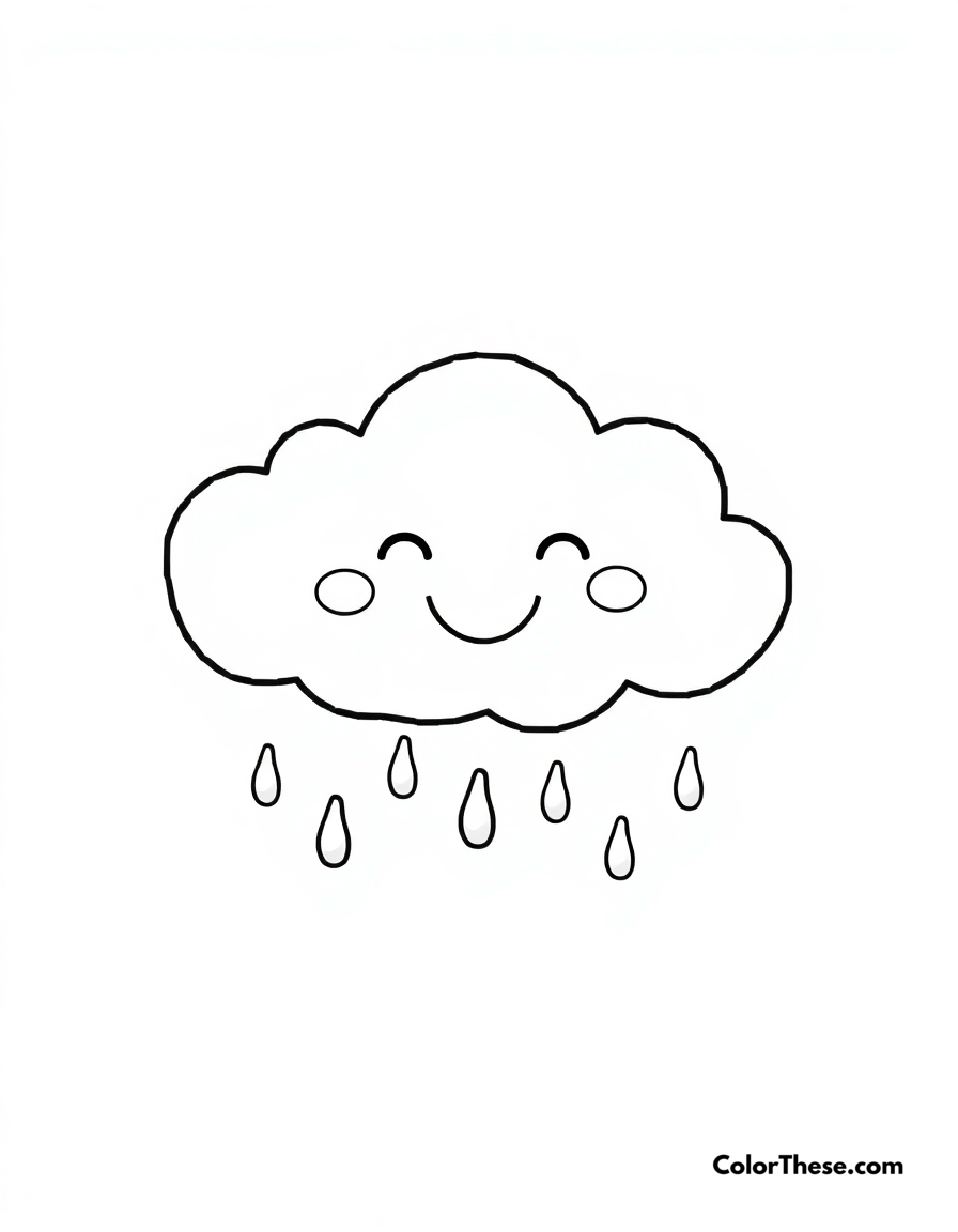 Free printable happy cloud coloring page for kids and adults - A a simple cloud design with a big smile and raindrops.