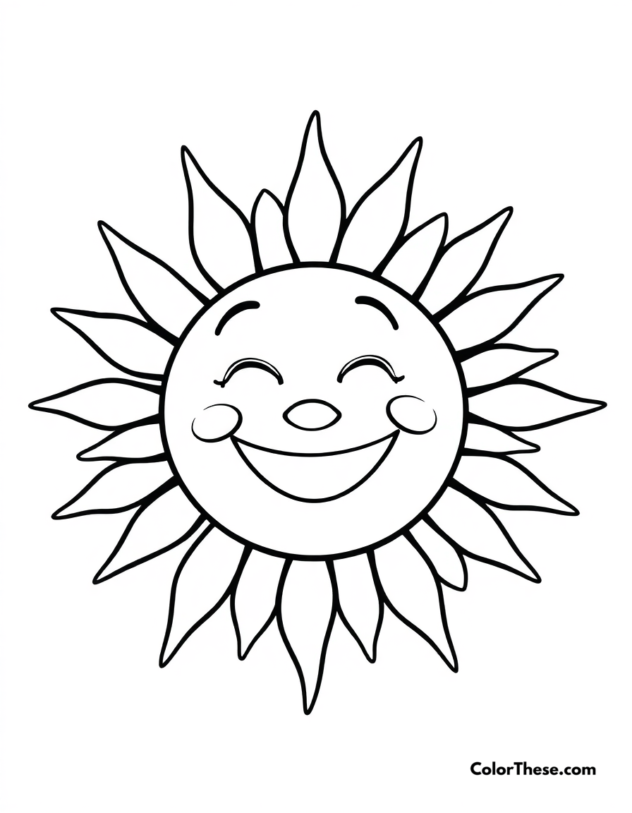 Free printable happy sun coloring page for kids and adults - A a cheerful sun with a big smile and rays.