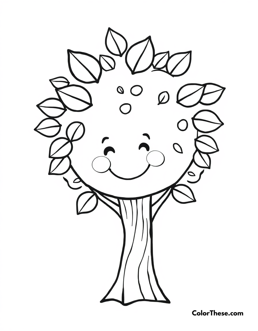 Free printable happy tree coloring page for kids and adults - A a simple tree design with a smiling face and leaves.