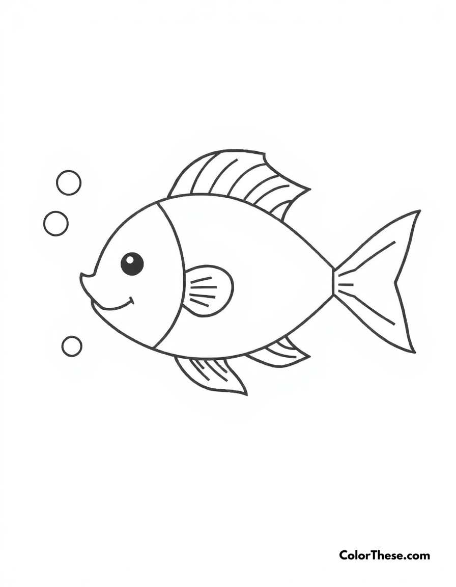 Free printable little fish coloring page for kids and adults - A a simple fish design with fins and bubbles.