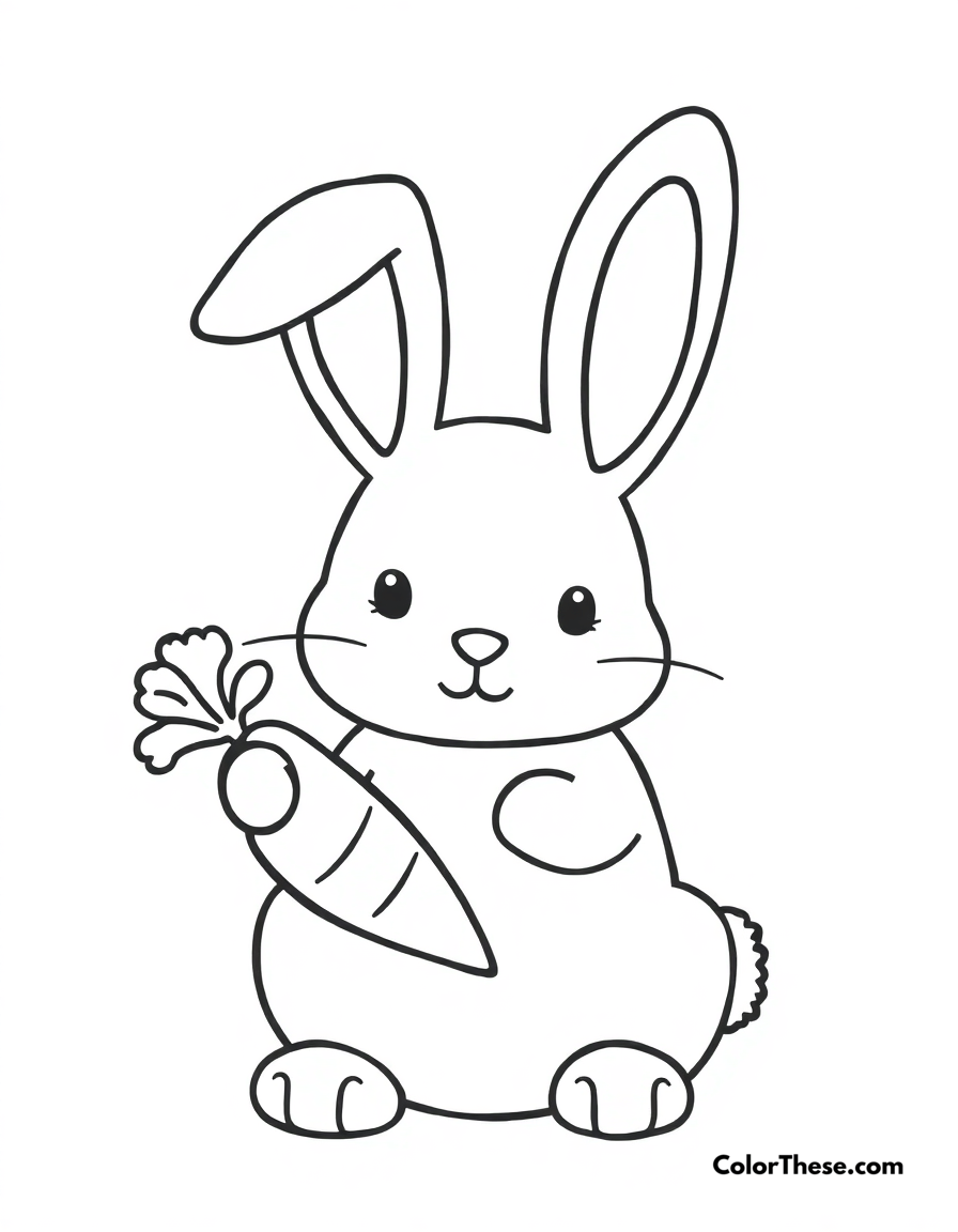 Free printable playful bunny coloring page for kids and adults - A a simple bunny design with floppy ears and a carrot.