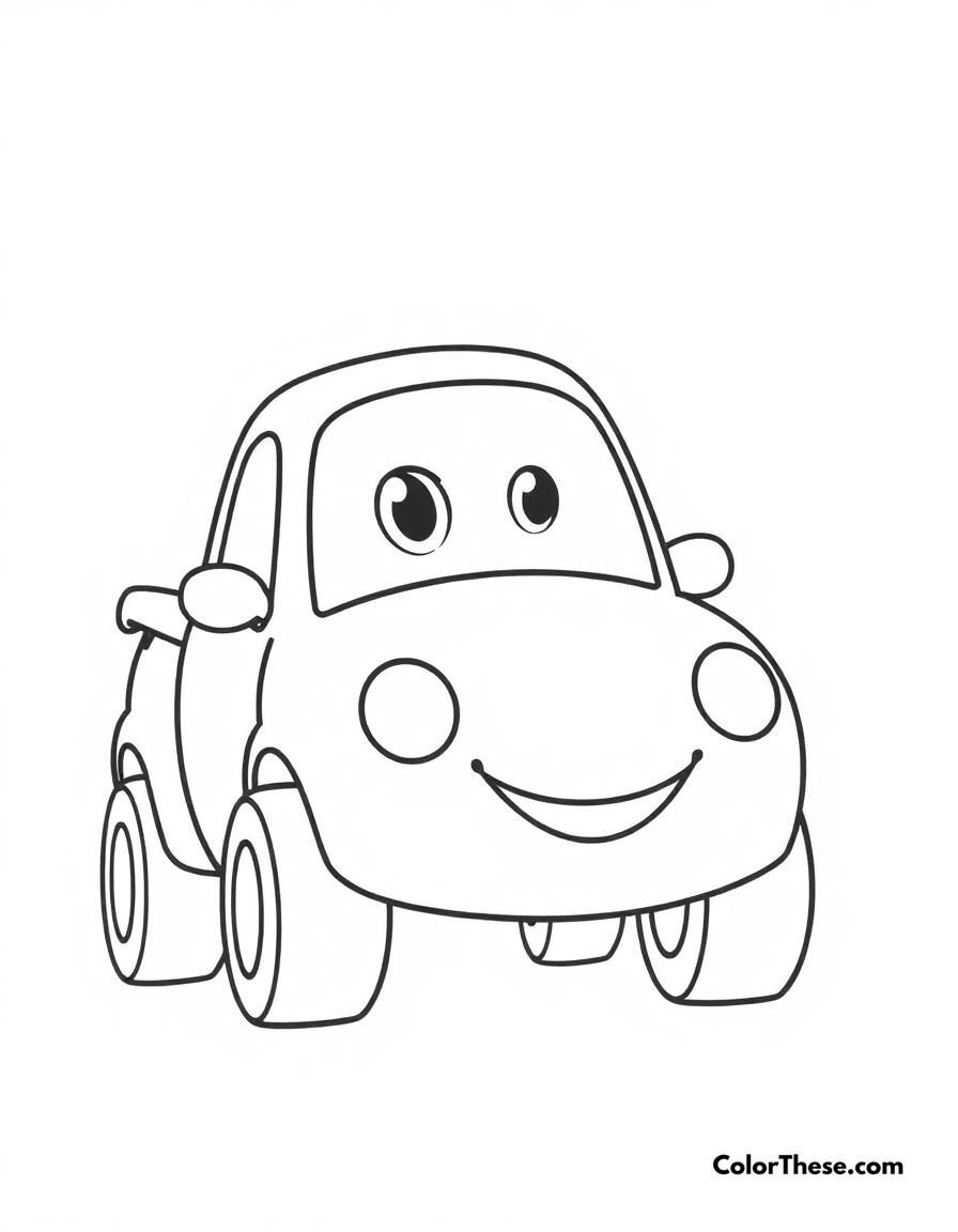 Free printable simple car coloring page for kids and adults - A a basic car design with wheels and a smiling face.