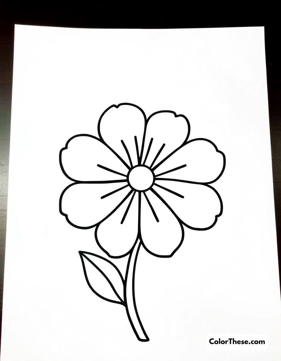 Free printable simple flower coloring page for kids and adults - A a basic flower design with petals and a stem.