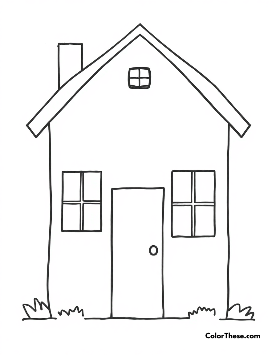 Free printable simple house coloring page for kids and adults - A a basic house design with a door, windows, and a roof.