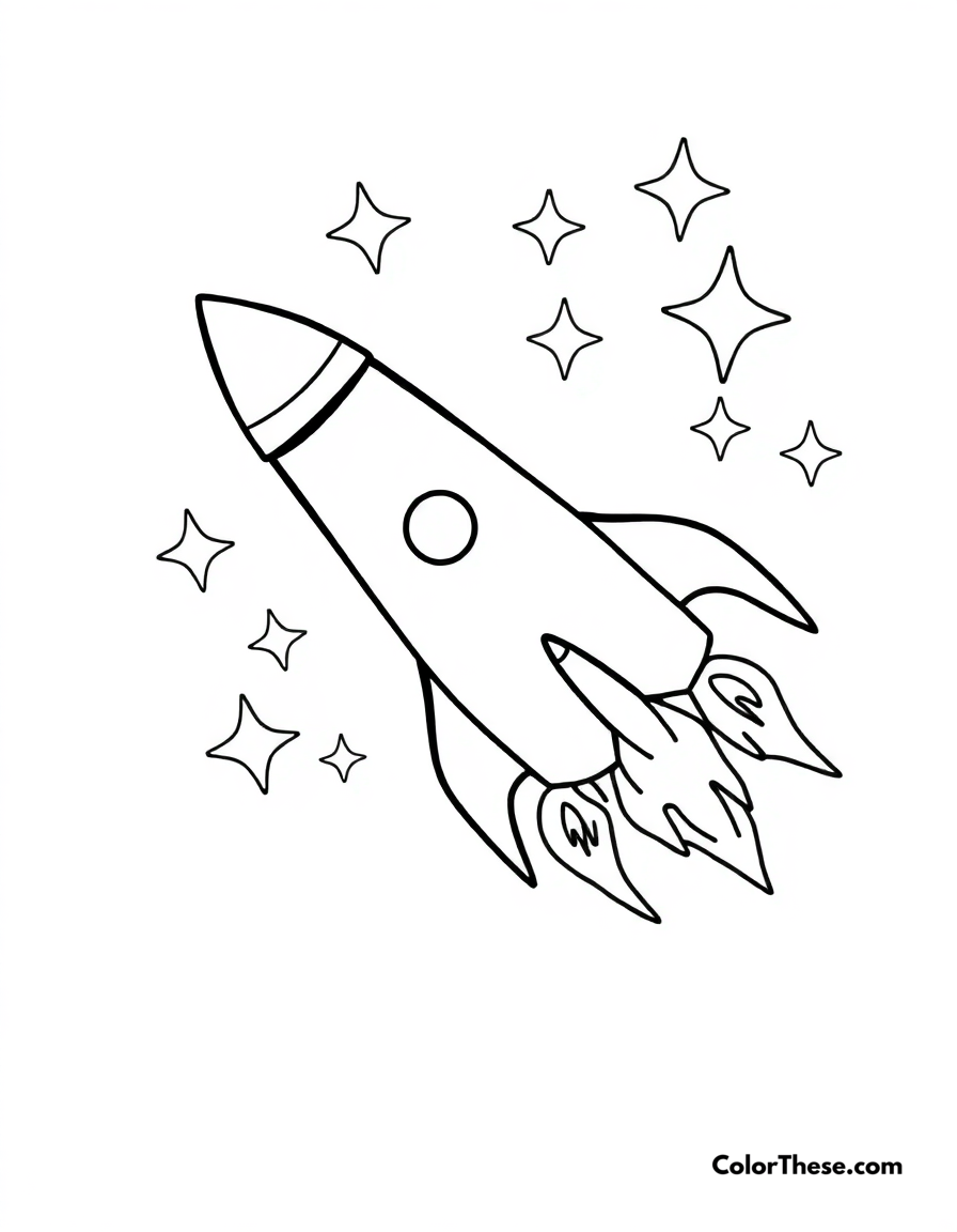 Free printable simple rocket coloring page for kids and adults - A a basic rocket design with flames and stars.