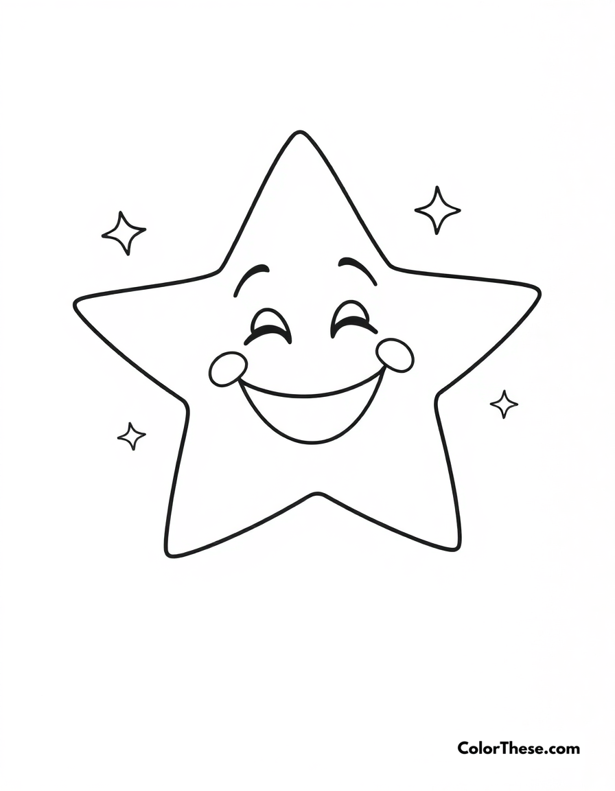 Free printable smiling star coloring page for kids and adults - A a simple star design with a big smile and sparkles.