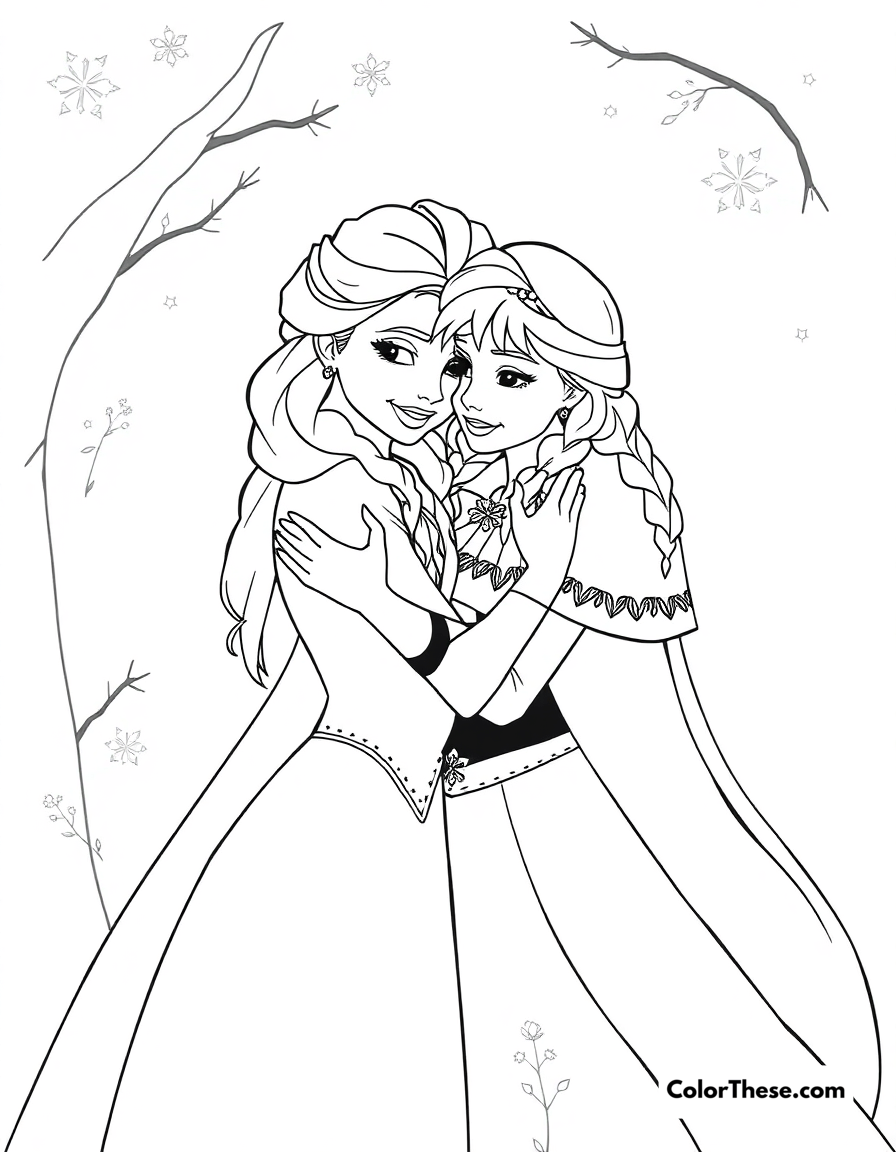 Free printable elsa and anna reunited coloring page for kids and adults - A elsa and anna hugging after their long separation.