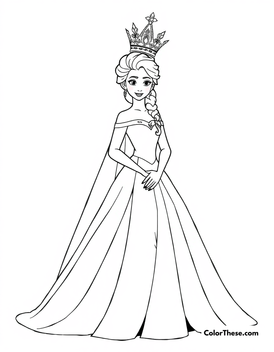 Free printable elsa's coronation day coloring page for kids and adults - A elsa on her coronation day, wearing her elegant gown.