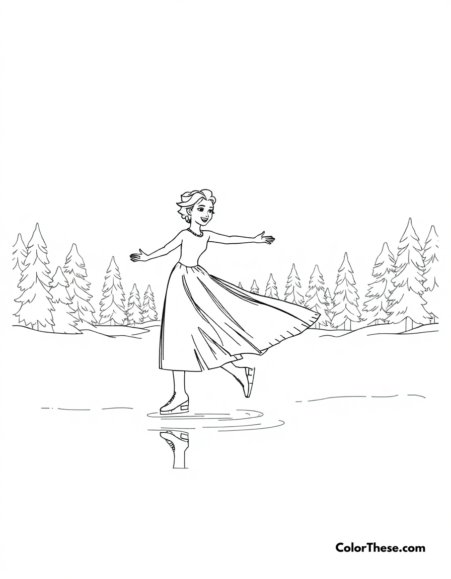 Free printable elsa and the frozen lake coloring page for kids and adults - A elsa skating on a frozen lake.