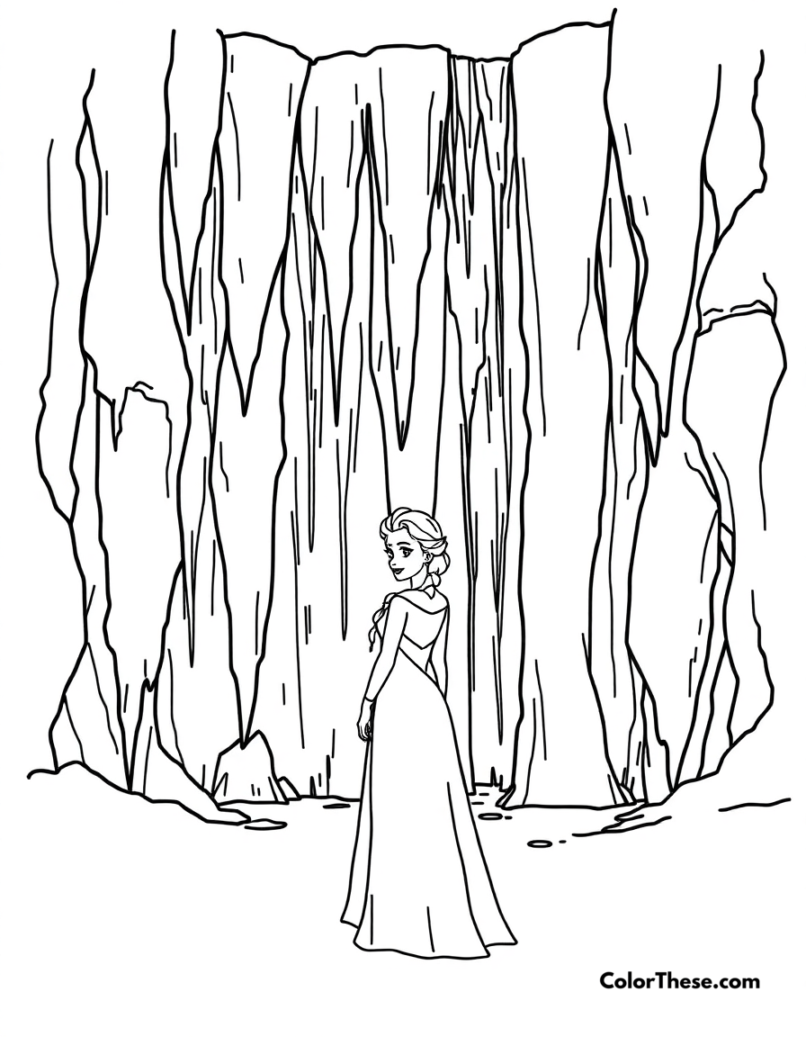 Free printable elsa and the frozen waterfall coloring page for kids and adults - A elsa standing in front of a frozen waterfall.