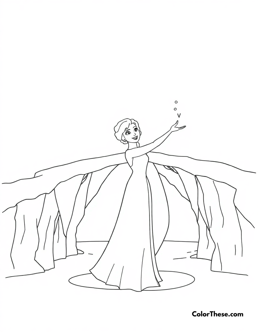 Free printable elsa and the ice bridge coloring page for kids and adults - A elsa creating an ice bridge with her powers.