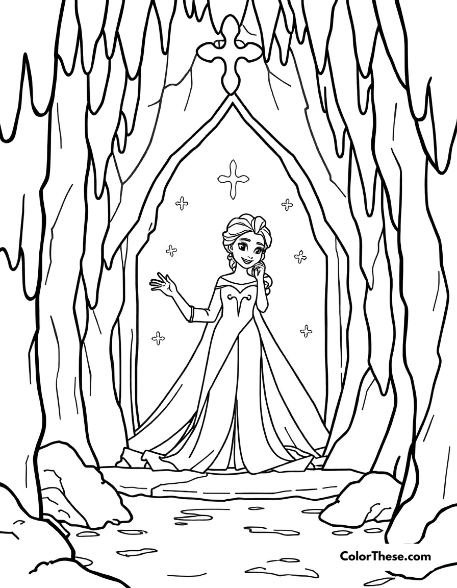 Free printable elsa's ice castle interior coloring page for kids and adults - A elsa inside her ice castle, surrounded by icy details.