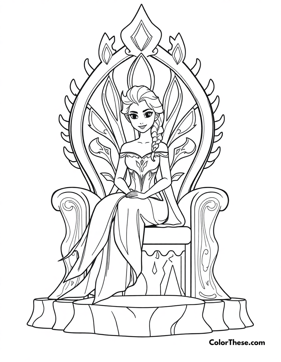 Free printable elsa's ice throne coloring page for kids and adults - A elsa sitting on her majestic ice throne.