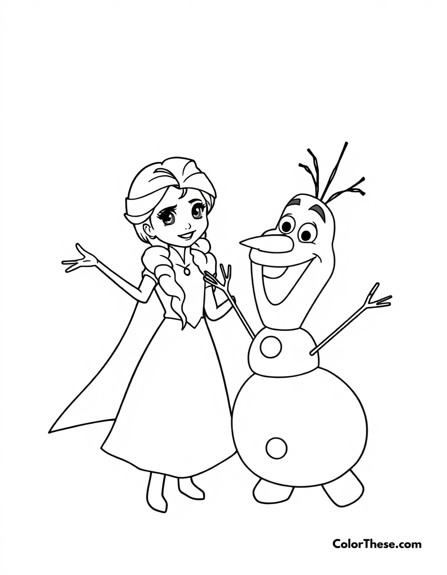 Free printable elsa and olaf coloring page for kids and adults - A elsa and olaf enjoying a snowy day together.