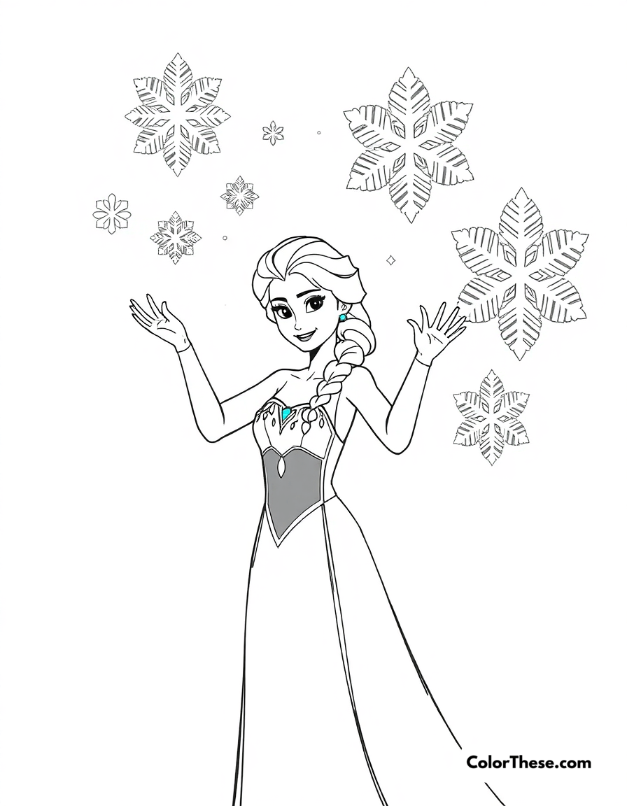 Free printable elsa creating snowflakes coloring page for kids and adults - A elsa using her powers to create beautiful snowflakes.