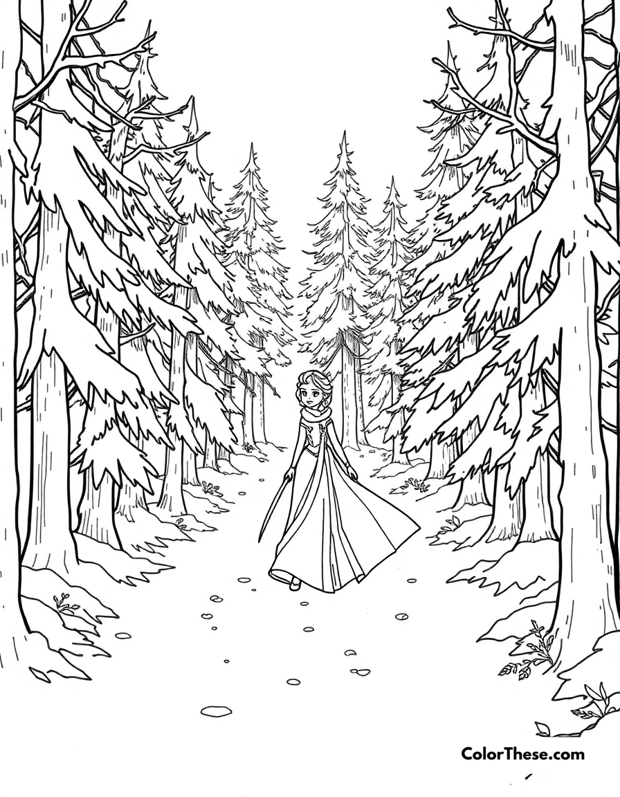 Free printable elsa and the snowy forest coloring page for kids and adults - A elsa walking through a snowy forest.