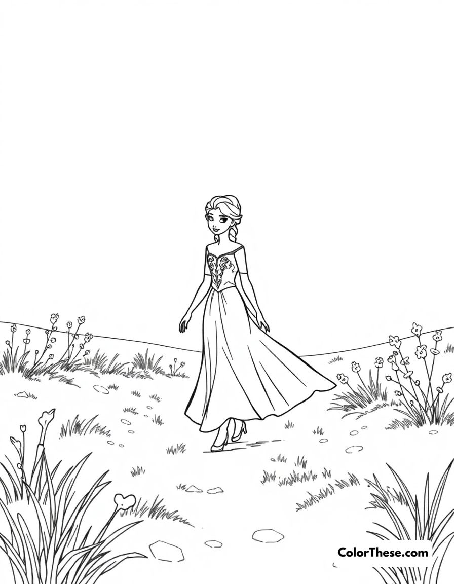 Free printable elsa and the snowy meadow coloring page for kids and adults - A elsa walking through a snowy meadow.