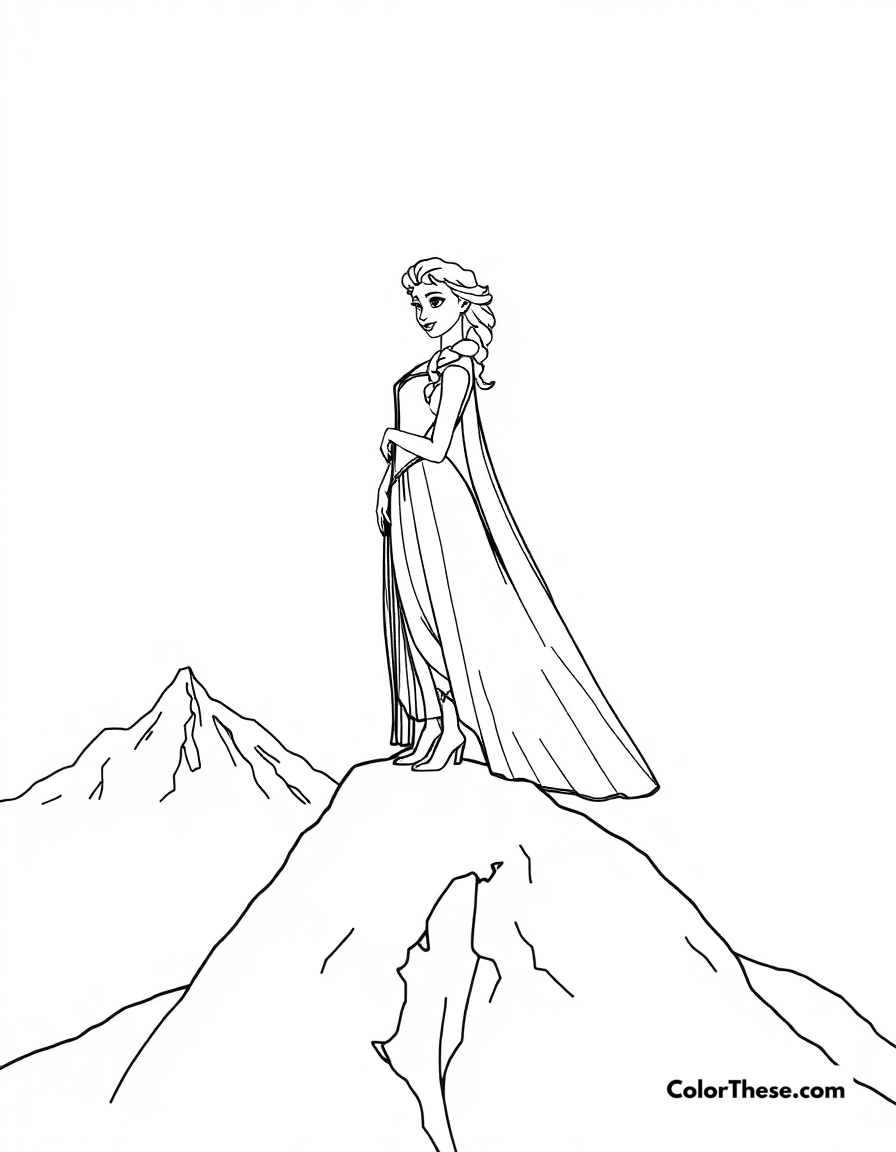 Free printable elsa and the snowy mountain coloring page for kids and adults - A elsa standing on a snowy mountain peak.