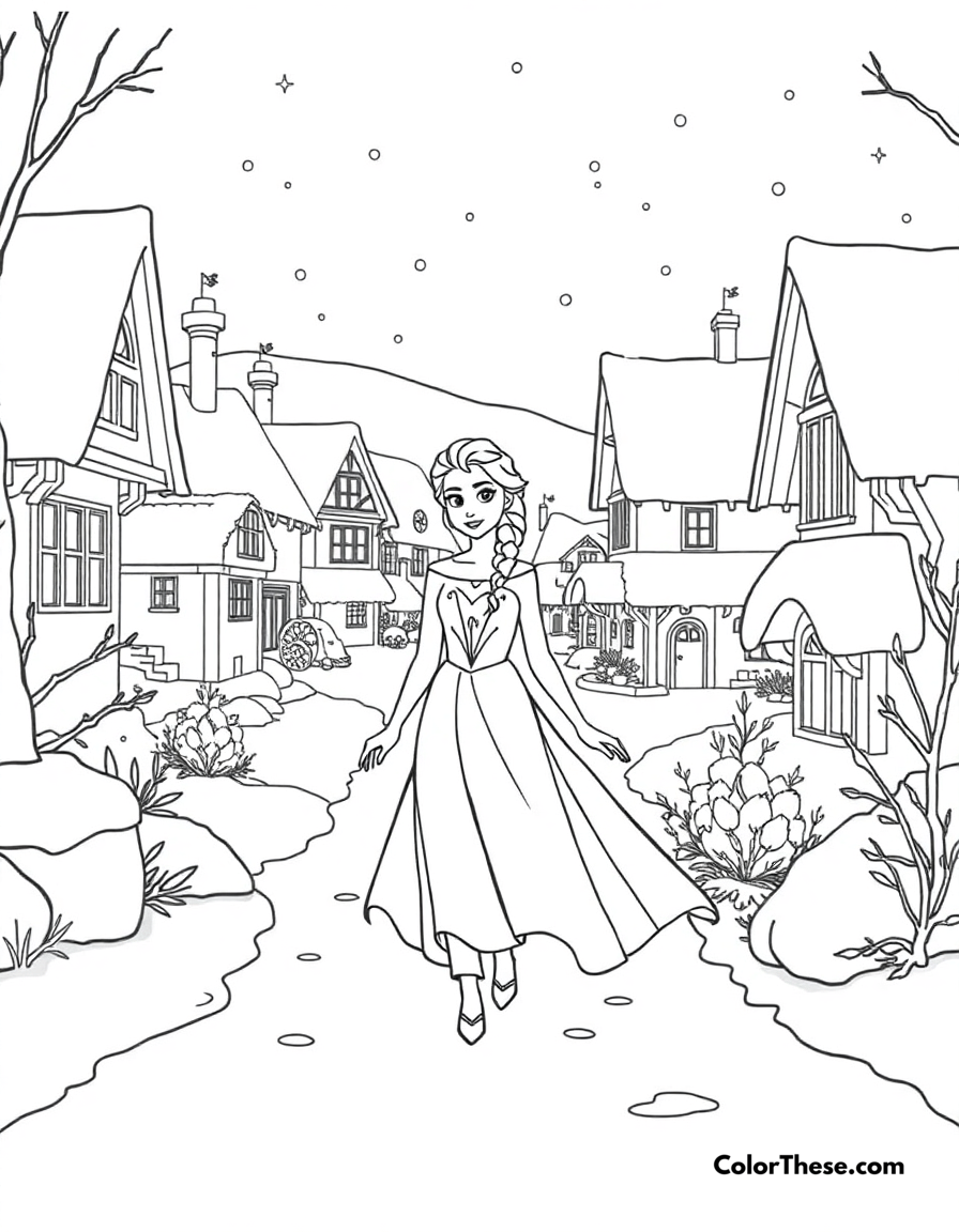 Free printable elsa and the snowy village coloring page for kids and adults - A elsa walking through a snowy village.