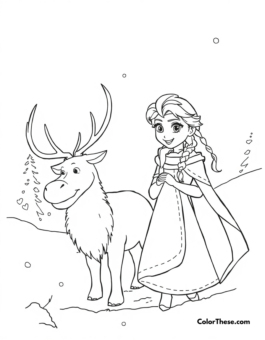 Free printable elsa and sven coloring page for kids and adults - A elsa and sven enjoying a snowy adventure.