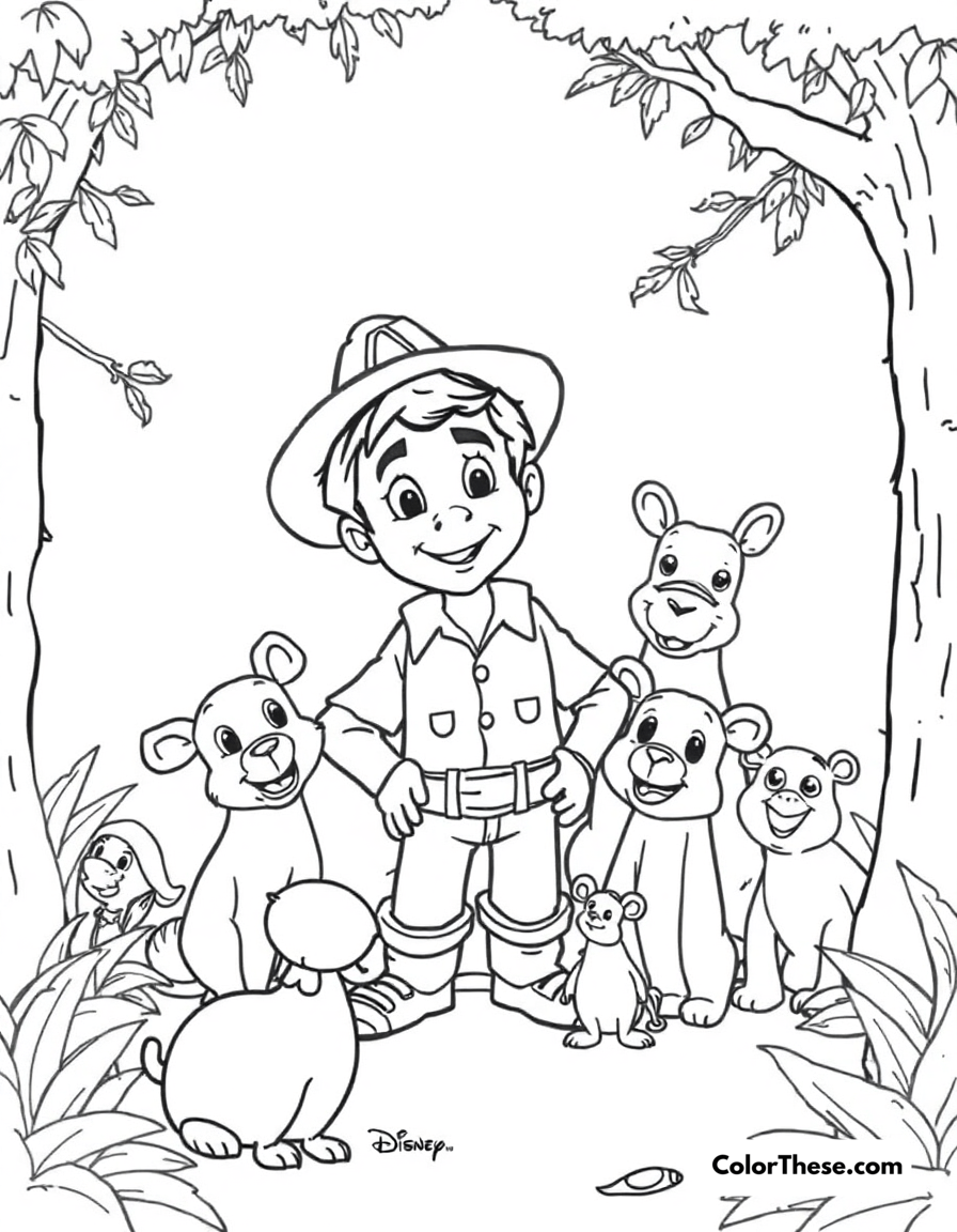 Free printable antonio and the animals coloring page for kids and adults - A antonio surrounded by his animal friends in encanto (disney).