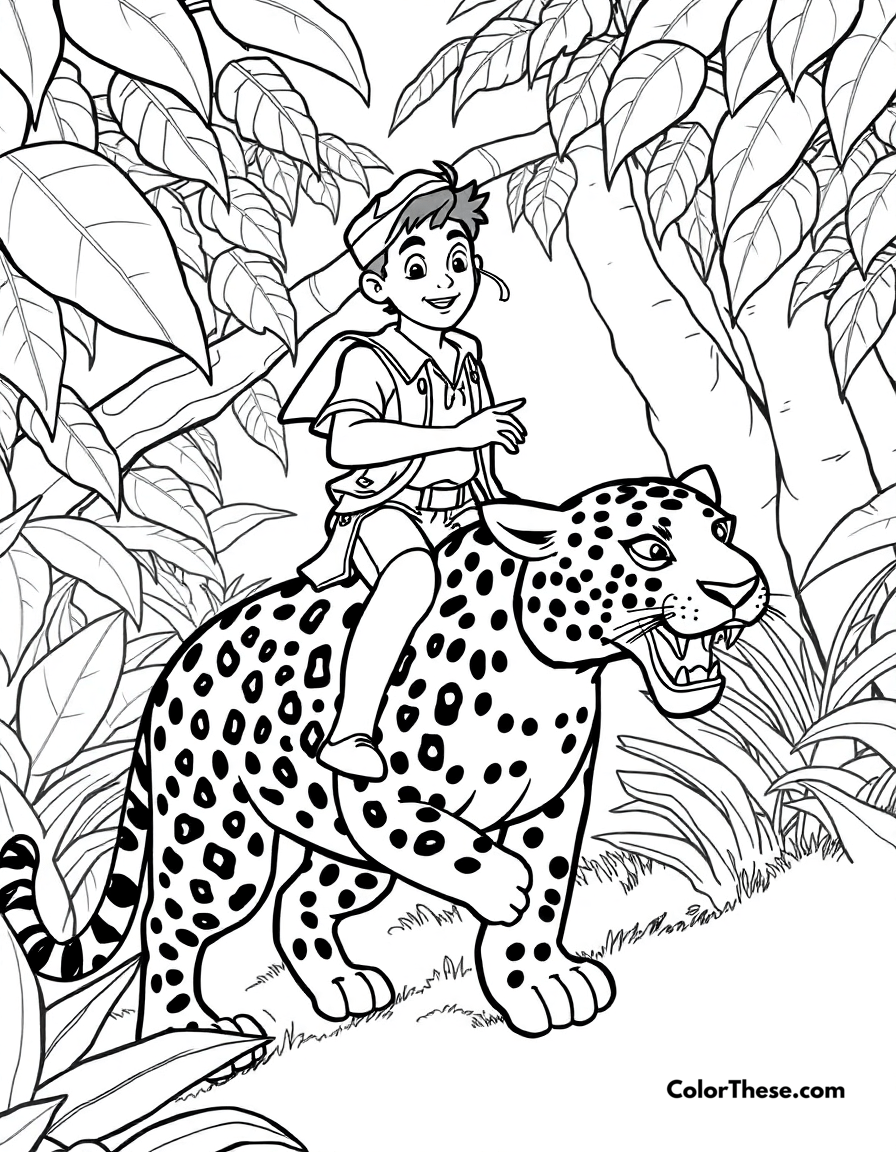 Free printable antonio and the jaguar coloring page for kids and adults - A antonio riding a jaguar through the jungle in encanto (disney).