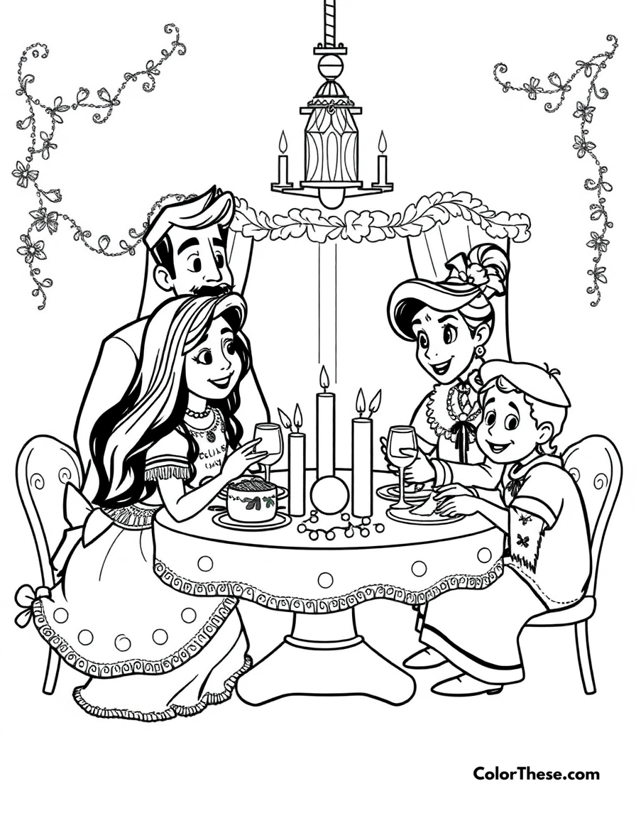 Free printable the madrigal family dinner coloring page for kids and adults - A the madrigal family gathered for a festive dinner in encanto (disney).