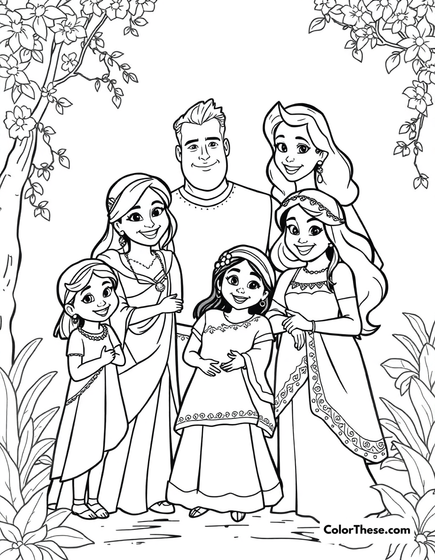 Free printable the madrigal family portrait coloring page for kids and adults - A the entire madrigal family posing for a portrait in encanto (disney).