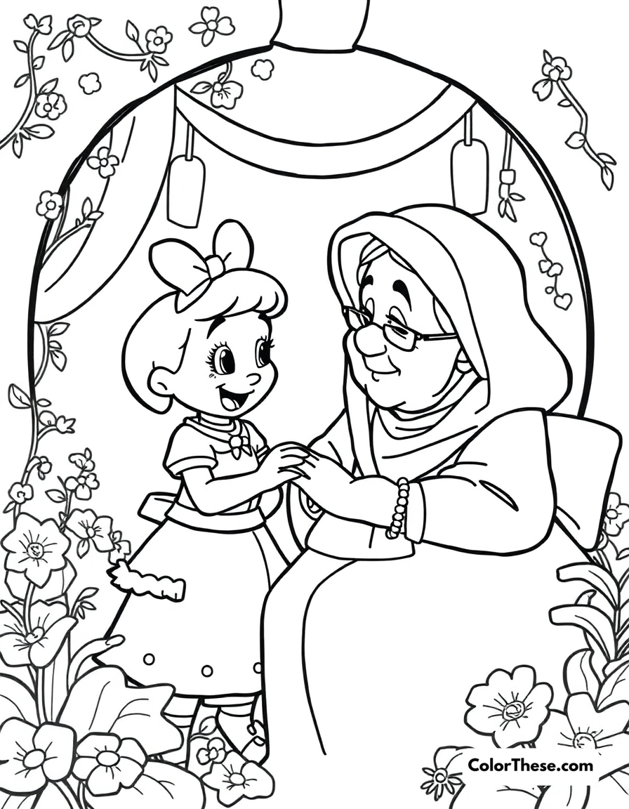 Free printable mirabel and abuela alma coloring page for kids and adults - A mirabel and abuela alma sharing a heartfelt moment in encanto (disney).