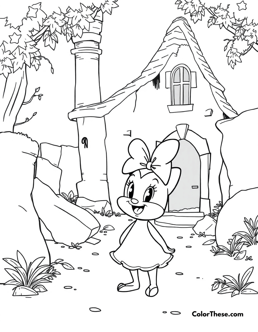 Free printable mirabel and the broken casita coloring page for kids and adults - A mirabel standing in front of the broken casita in encanto (disney).