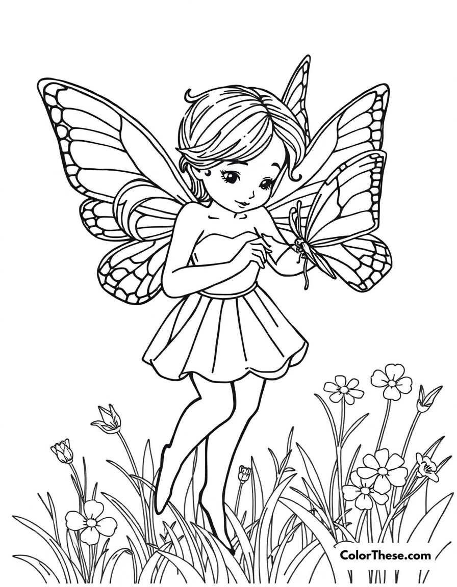 Free printable fairy and the butterfly coloring page for kids and adults - A a fairy playing with a butterfly in a meadow.