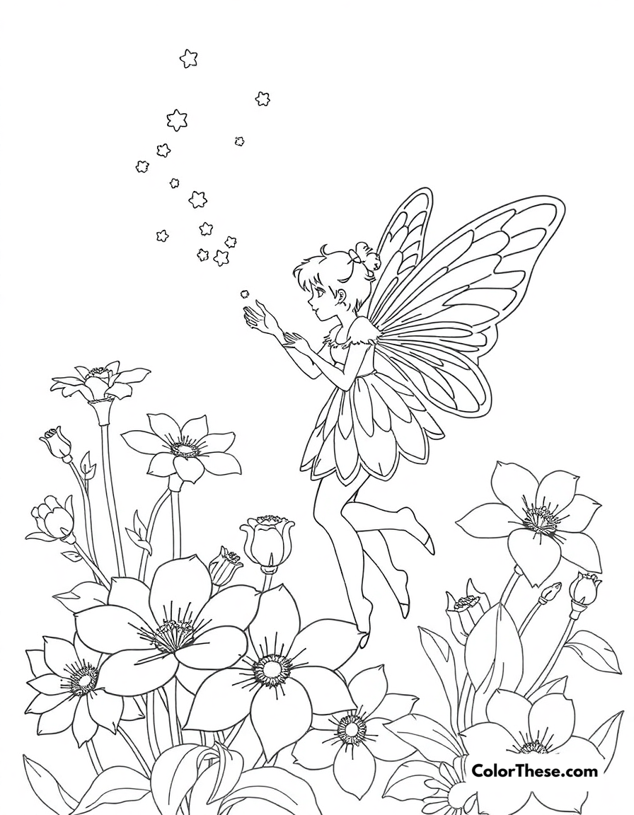 Free printable fairy dusting flowers coloring page for kids and adults - A a fairy sprinkling fairy dust on blooming flowers.