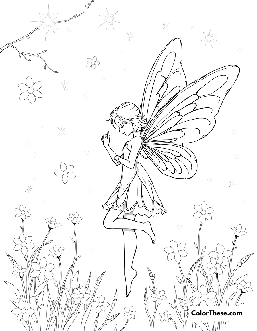 Free printable fairy and the fireflies coloring page for kids and adults - A a fairy surrounded by glowing fireflies at night.