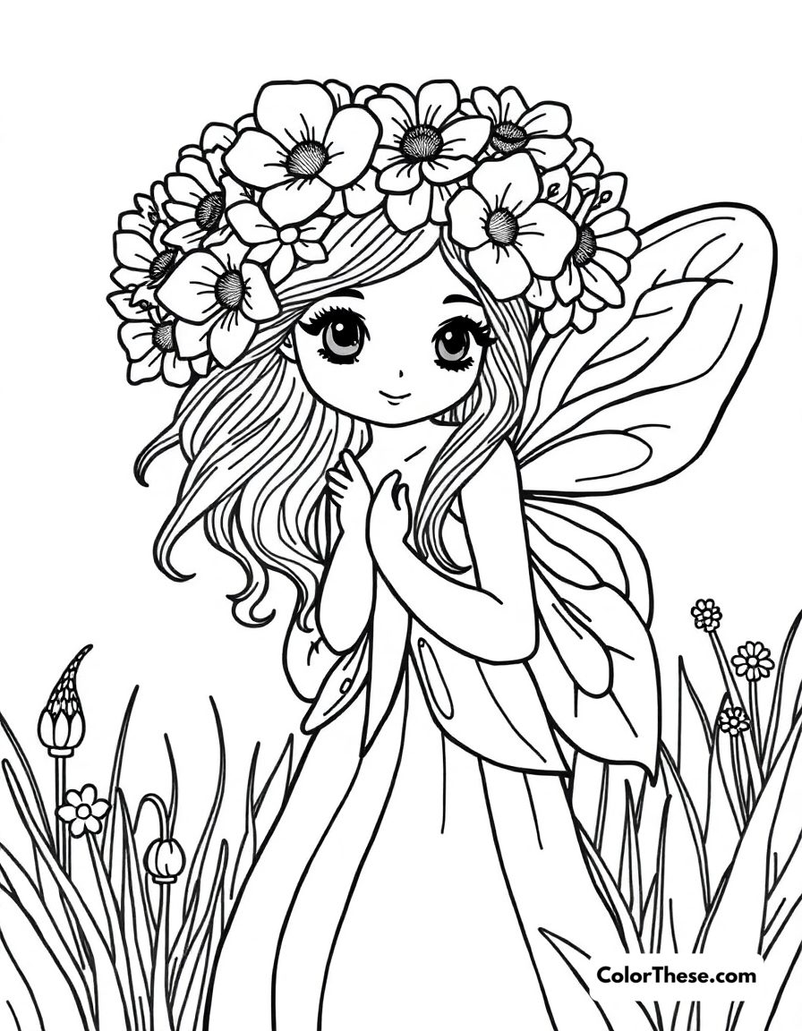 Free printable fairy with a flower crown coloring page for kids and adults - A a fairy wearing a beautiful flower crown in a meadow.