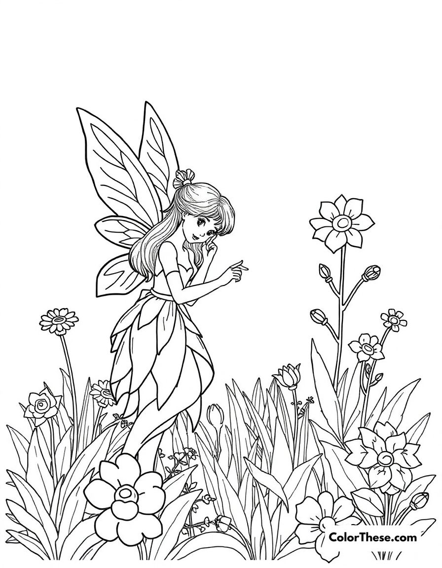 Free printable fairy in the garden coloring page for kids and adults - A a fairy tending to a magical garden.