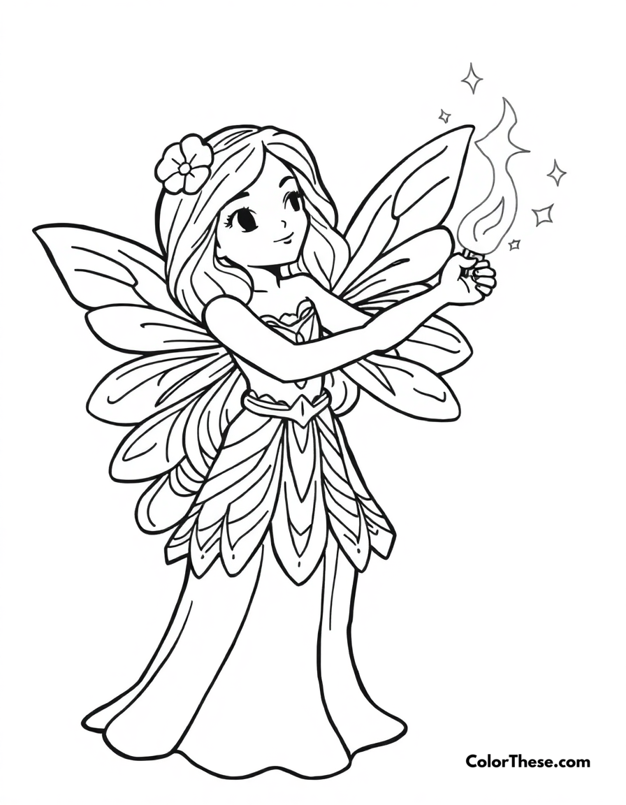 Free printable fairy with a magic wand coloring page for kids and adults - A a fairy casting a spell with her magic wand.