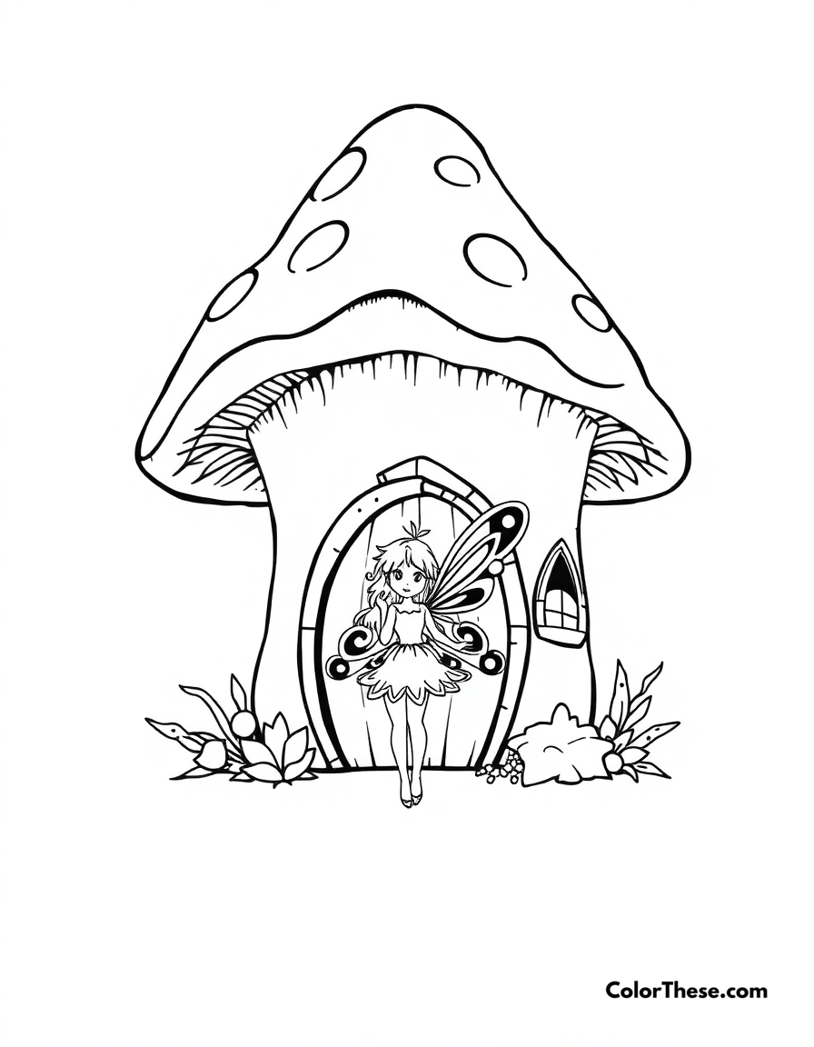 Free printable fairy and the mushroom house coloring page for kids and adults - A a fairy standing in front of her mushroom house.