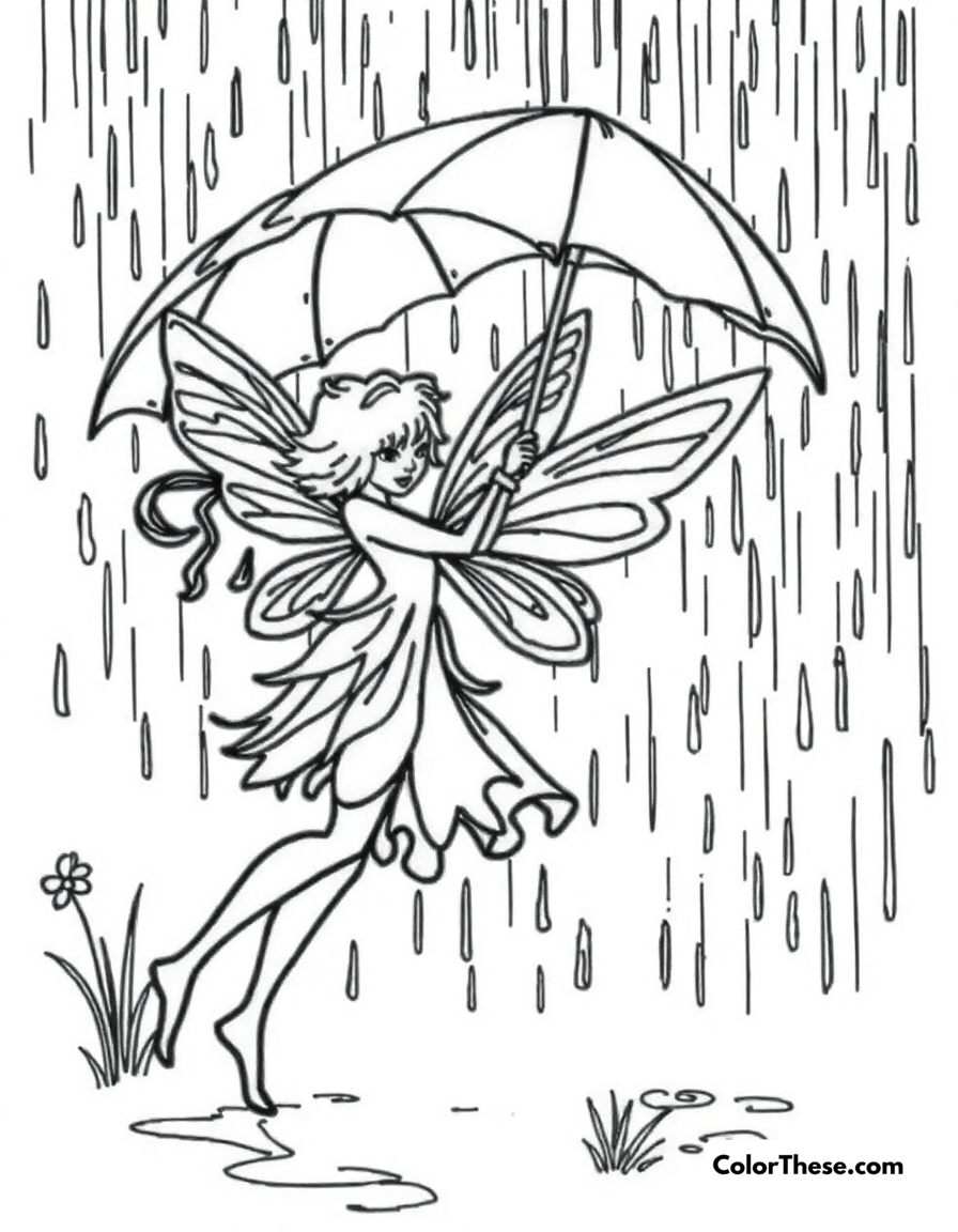 Free printable fairy in the rain coloring page for kids and adults - A a fairy dancing in the rain with an umbrella.