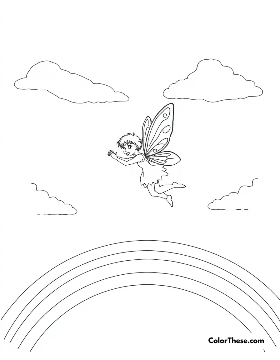 Free printable fairy and the rainbow coloring page for kids and adults - A a fairy flying over a rainbow in a sunny sky.